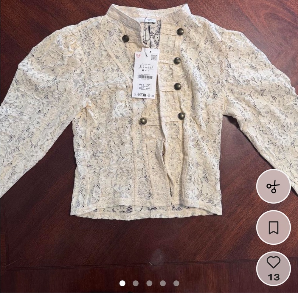 Zara Cream Lace Military-Button Cropped Jacket